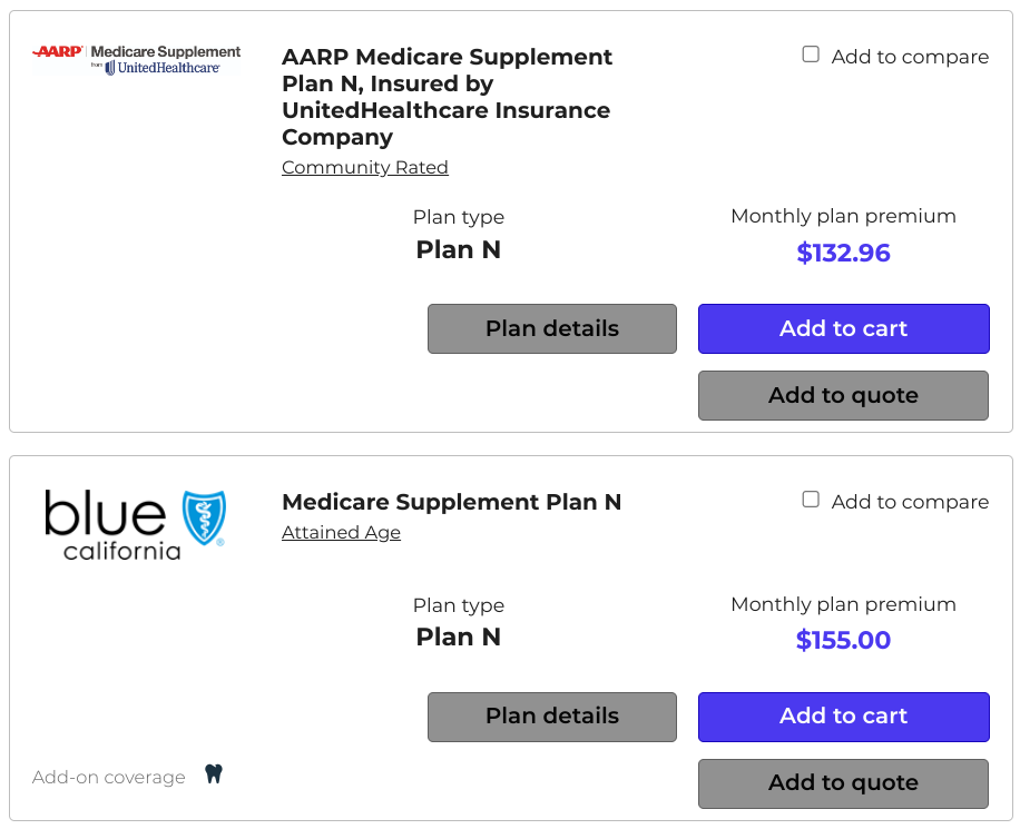 N plan rates for AARP and Blue Shield