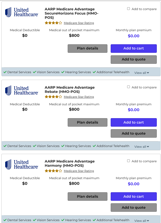 compare and review AARP versus United health advantage plans in los angeles